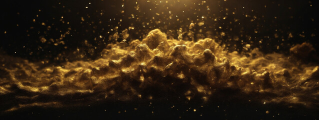 Abstract magic gold dust background over black. Beautiful golden art widescreen background