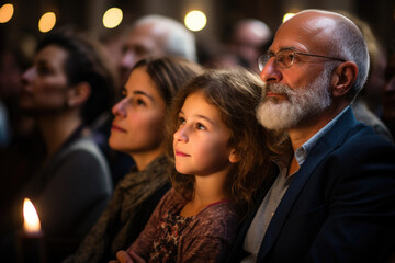 Fototapeta premium Families joining in song and prayer during the Rosh Hashanah synagogue service, creating a spiritual and communal experience. Generative Ai.