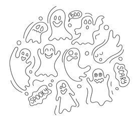 Set of simple flat ghosts on white background in doodle style. Halloween scary ghostly monsters. 