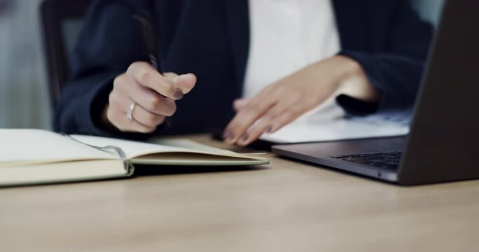 Business woman, hands and writing in book, schedule planning or strategy for ideas on desk at office. Closeup of female person or employee taking notes with pen for agenda, plan or tasks at workplace