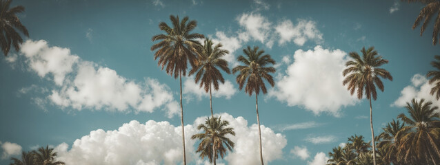 Blue sky and palm trees view from below, vintage style, tropical beach and summer background, travel concept