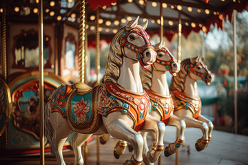 Fototapeta na wymiar Vibrant carousel horses and other rides, evoking a sense of nostalgia and childhood joy at Oktoberfest. Generative Ai.