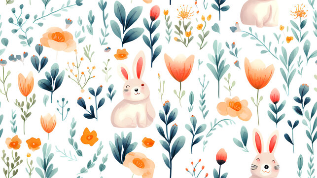 Watercolor floral and rabbits seamless wallpaper background for crafts, art projects, invitations, scrapbooking