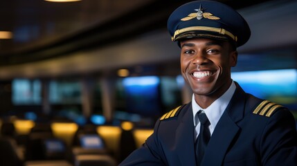 a confident black airline employee, instilling confidence in passengers and emphasizing the professionalism of the aviation staff. - obrazy, fototapety, plakaty