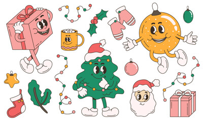 Christmas set in retro style. Illustration with characters in 80s style. Christmas tree, gifts, garland, gloves, Santa, mug, toys.