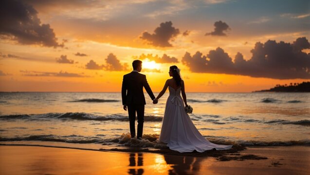The bride and groom are kept hands on a tropical beach . Silhouette photo at sunset