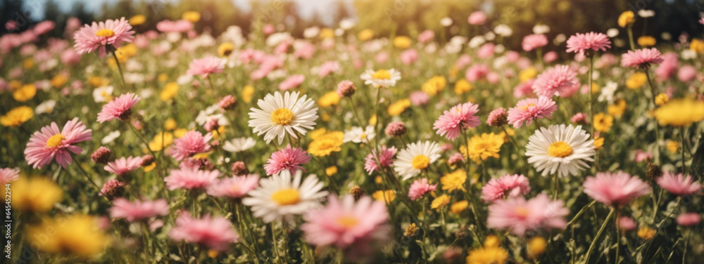 Poster Meadow with lots of white and pink spring daisy flowers and yellow dandelions in sunny day