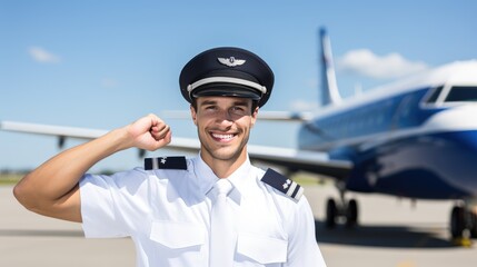 image capturing a confident male pilot in uniform and smiling with an airplane in the background.