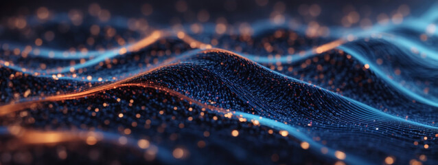 Abstract Futuristic Data Technology: A Wave of Connecting Dots and Lines on a Dark Background,...