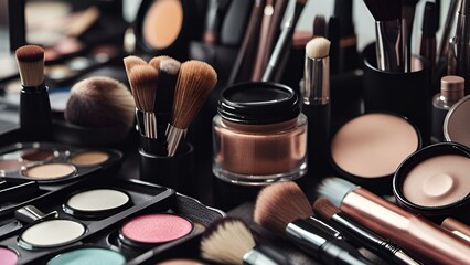 Cosmetics and Beauty Products-A makeup artist's toolkit with brushes, palettes, and cosmetic essentials., Cosmetics and Beauty Products