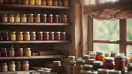Farm to Table-A farm stand display with jars of homemade jams and preserves, surrounded by fruit., Farm to Table