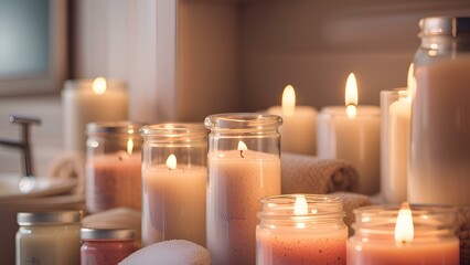 Cosmetics and Beauty Products-A shelf of scented candles and bath salts, creating a relaxing atmosphere in a bathroom., Cosmetics and Beauty Products