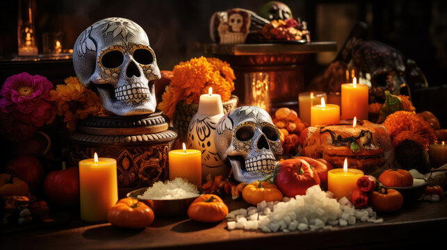 Table decorated with painted Mexican skulls, flowers and spices to celebrate the Day of the Dead.