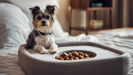 Pet Fashion and Accessories-A pet-friendly hotel room with a cozy pet bed and food bowls., Pet Fashion and Accessories