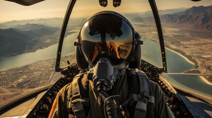 filming the view from the cockpit through the visor of a fighter jet's helmet. world of aviation, emphasizing the precision and skill required to fly fighter jets. - obrazy, fototapety, plakaty