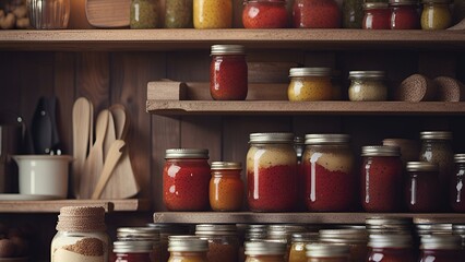 Gourmet Cuisine and Food Presentation-A rustic kitchen with shelves of mason jars filled with homemade preserves., Gourmet Cuisine and Food Presentation