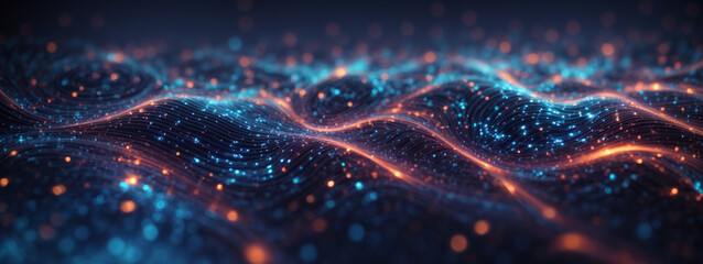 Abstract Futuristic Data Technology: A Wave of Connecting Dots and Lines on a Dark Background, Creating a Dynamic and Tech-Forward Illustration.