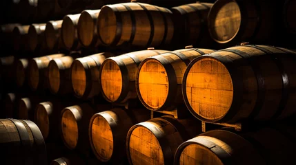 Fotobehang Wooden Oak Keg Barrels stacking tall Tequila Wine Whisky alcohol liquor distillery © tinyt.studio