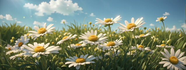 Wild daisies in the grass with a blue sky