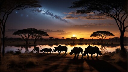 Fototapeta na wymiar South africa of Silhouette African night safari scene with wildlife animals on the panorama rhino nature