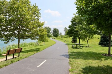 The long footpath in the park on a sunny day.