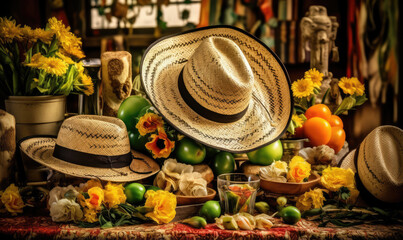 Table decorated with Mexican hat, fruits, flowers and spices to celebrate the Day of the Dead.