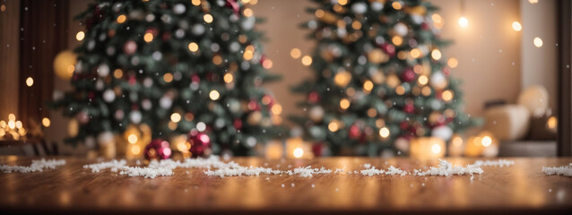 Empty woooden table top with abstract warm living room decor with christmas tree,Holiday backdrop, Mock up banner for display of advertise product.