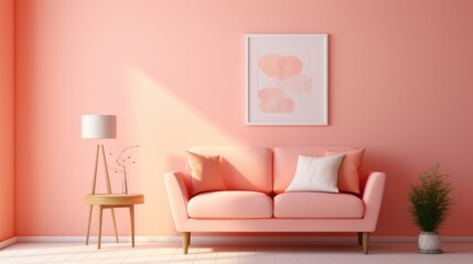 Stylish minimalist monochrome interior of modern living room in pastel orange and pink tones. Trendy couch, coffee table, floor lamp, houseplant, poster template, creative design. Mockup, 3D rendering