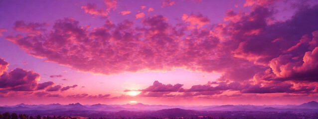 Fototapeta na wymiar Panoramic view of a pink and purple sky at sunset. Sky panorama background.