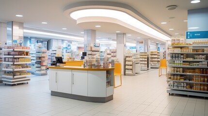 modern pharmacy's interior. photo showcases the clean and well-organized space where essential healthcare products and services are accessible to the community.