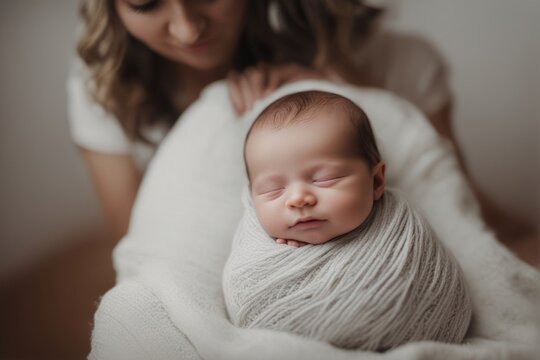 Portrait of a baby who is sleeping and wrapped in a white blanket, on a blurred background his mother is watching him