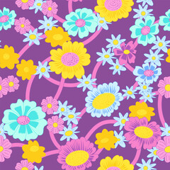vector seamless pattern with abstract flora for summer clothes, kids outfit, stationary. flat, graphic, colorful bright design, naive style, cute buttercups
