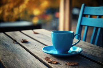 Focus blue color of coffee cup on wooden table with blurred autumn background. Concept of blank space for advertising product. Finest generative AI.