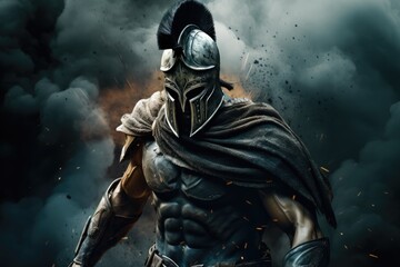 Enter the Realm of the Fearless Spartan, Draped in Imposing Full-Body Armor, Lost in an Epic Battle Amidst a Swirling Veil of Smoke and Mystery