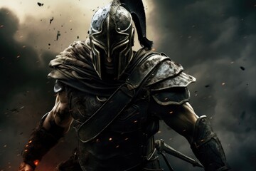 Enter the Realm of the Fearless Spartan, Draped in Imposing Full-Body Armor, Lost in an Epic Battle Amidst a Swirling Veil of Smoke and Mystery