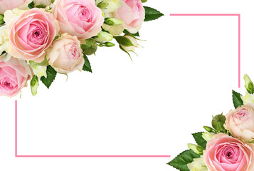 Floral corner arrangements with pink roses and eustoma flowers and a frame isolated on white or...