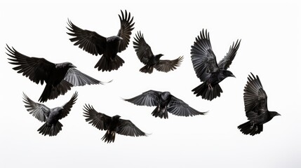 captivating froto featuring a large flock of black crows in flight, set against a pristine white isolated background.