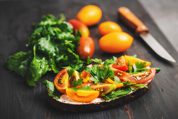 Healthy vegetarian sandwich with toasted bread, cheese, arugula, parsley and tomatoes on a dark wooden board