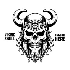 Viking Skull in Monochrome: Warrior or barbarian gladiator man mascot's face exudes strength with a helmet. In a retro vintage environment - isolated on white background