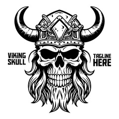 Monochromatic Viking Skull: Warrior or barbarian gladiator man mascot's face appears strong under a helmet. In a retro vintage aesthetic - isolated on white background