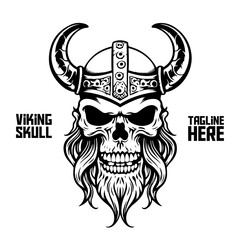 Viking Skeleton in Monochrome: Warrior or barbarian gladiator man mascot's face looks strong in a helmet. In a retro vintage context - isolated on white background