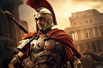 Majestic Gladiator: A Legendary Roman Gladiator in Glimmering Armor, Ready for Battle in the Colosseum.

