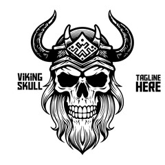 Monochrome Viking: Skeleton warrior or barbarian gladiator man mascot face looking strong wearing a helmet. In a retro vintage style - isolated on white background