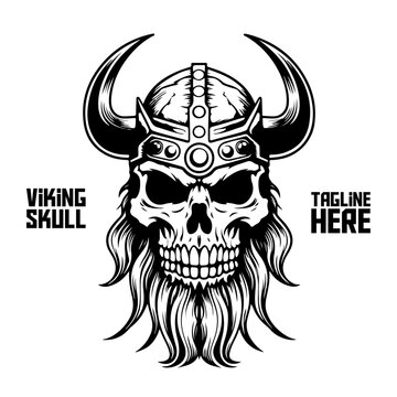 Monochrome Viking Mascot: Skeleton warrior or barbarian gladiator man with a powerful facial expression and helmet. In a retro vintage style - isolated on white background