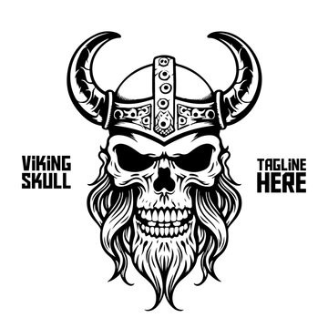 Viking Skeleton in Monochrome: Warrior or barbarian gladiator man mascot's face looks strong in a helmet. In a retro vintage context - isolated on white background