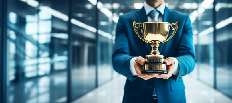 Successful Business Man Holding Golden Cup Trophy Close-up. Success And Championship Leader Concept, Banner Format