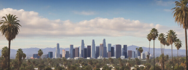 Los Angeles skyline with palm trees in the foreground