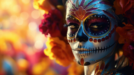 Beautiful woman with Mexican skulls makeup on her face and dressed for Day of the Dead in Mexico.