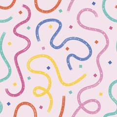 Childish confetti, brush lines vector seamless background. Cute pastel color background