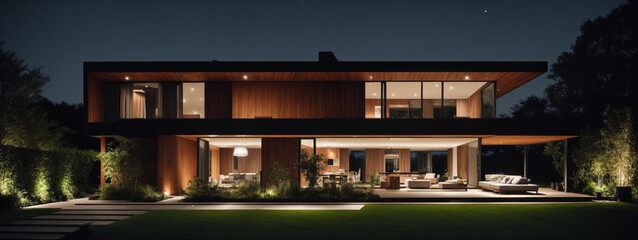 Fototapeta premium Modern house with garden at night